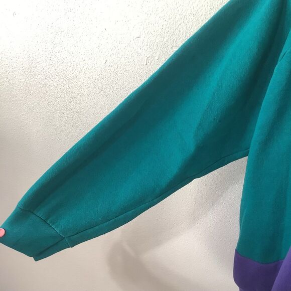 Vintage 90s Green Purple Patchwork Embroidered DIY Upcycled Sweatshirt Large - Picture 4 of 10